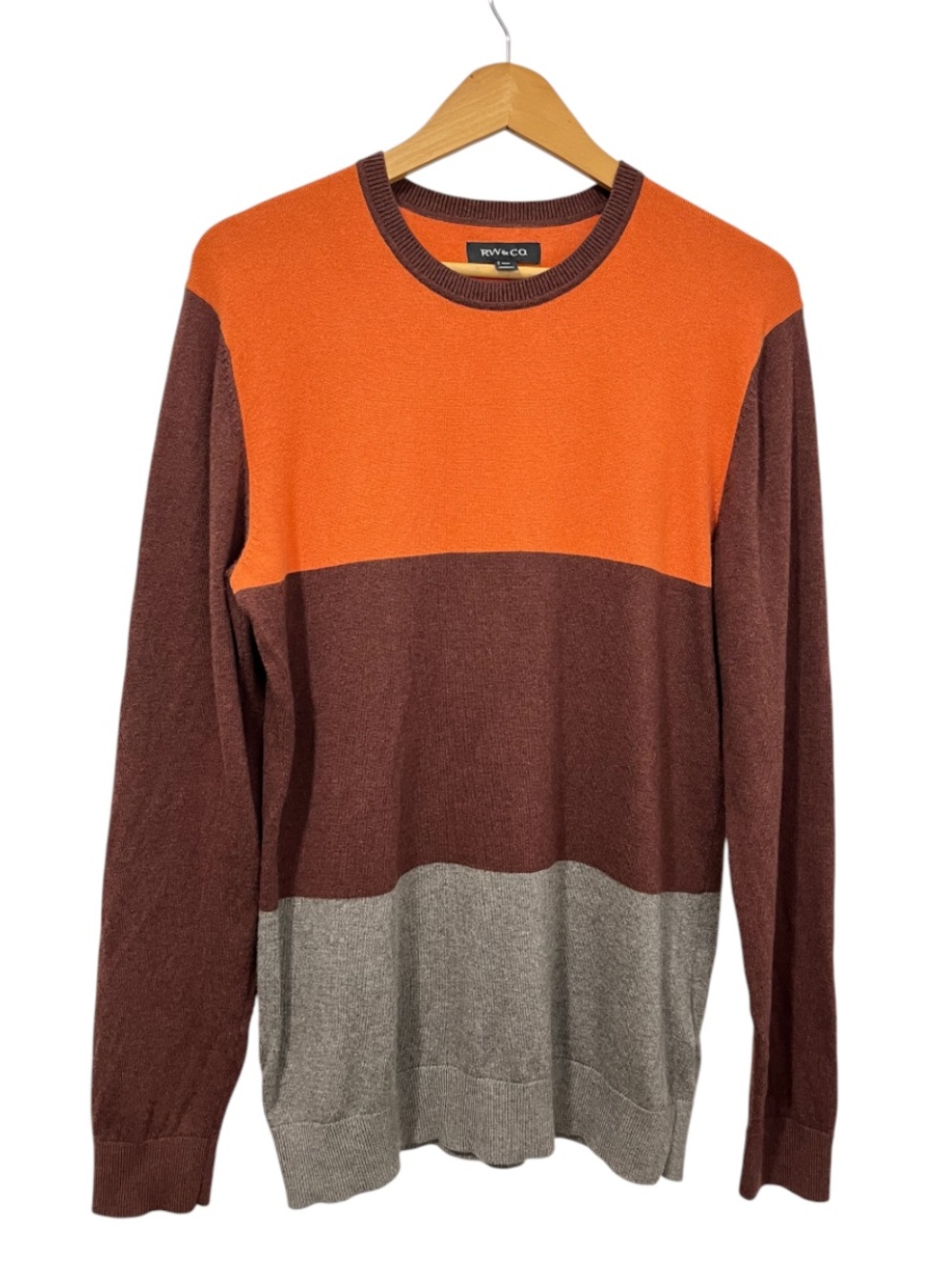 RW&CO Orange Brown Grey Colourblock Crewneck Sweater